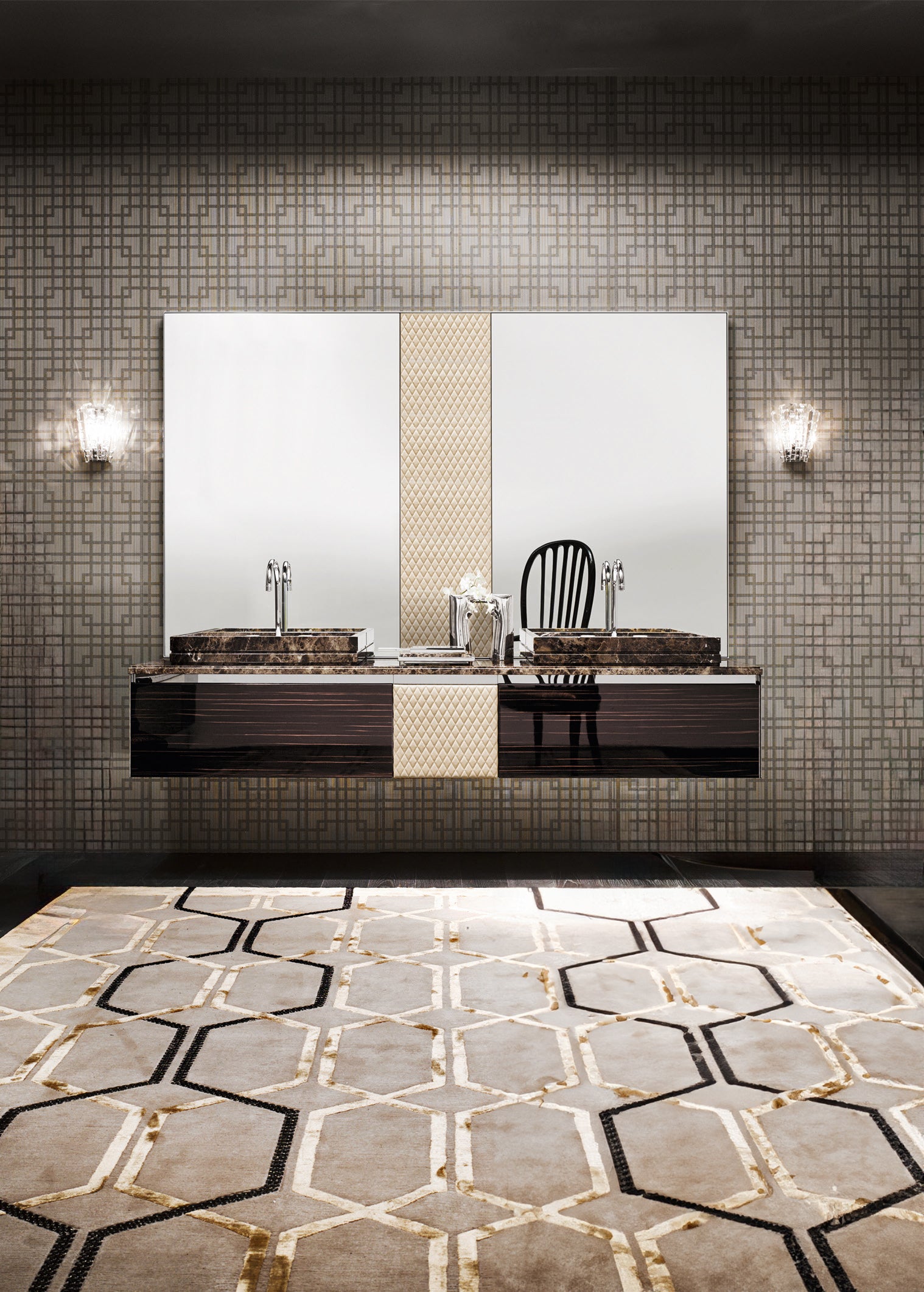 Luxuriöses Badmöbel-Set von Tiamont mit doppelten Waschbecken, einer eleganten Marmor-Arbeitsplatte und einem Waschtisch-Unterschrank in Braun. Das Set umfasst zwei Spiegel und bietet ein modernes Badezimmerdesign. Hochwertige und stilvolle Badezimmereinrichtung, perfekt für ein elegantes luxus Badezimmer. Moderne italienische extravagante Badmöbel.