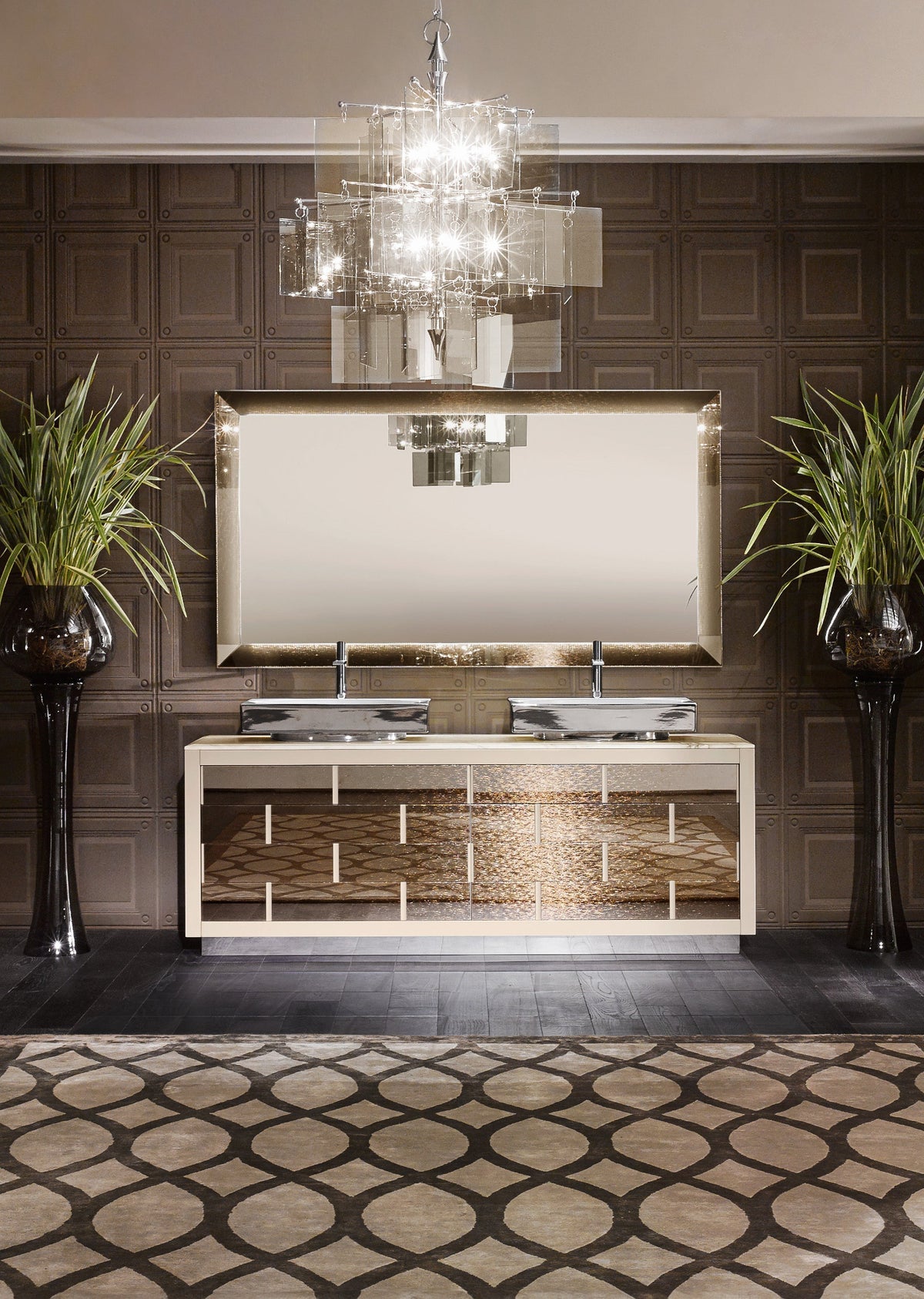 Ritz 01 Badmöbel im italienischen Design: Golden Crash Glas, Paonazzetto Marmor, zwei platinierte Becken Parigi und Spiegel Losanna, 209 cm