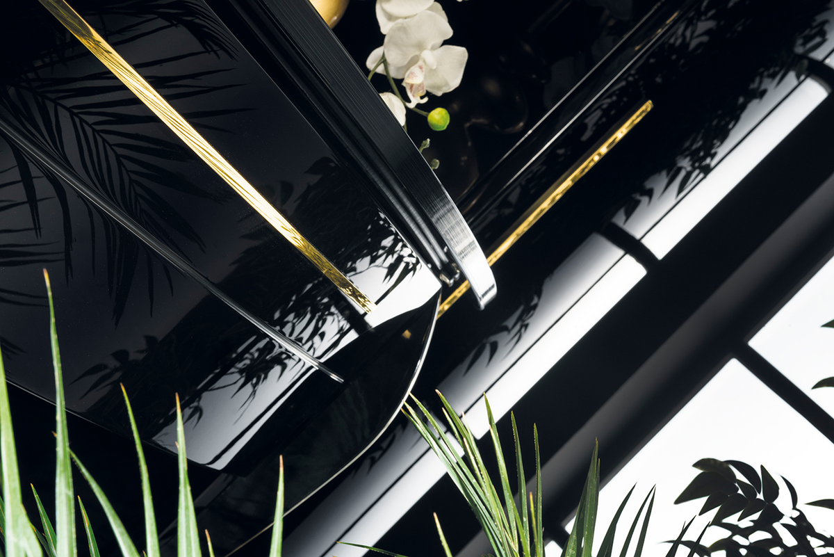 Matching Cristallo side cabinet in Black/Gold with intricate gold-coloured detailing and storage space. Request expert advice now.