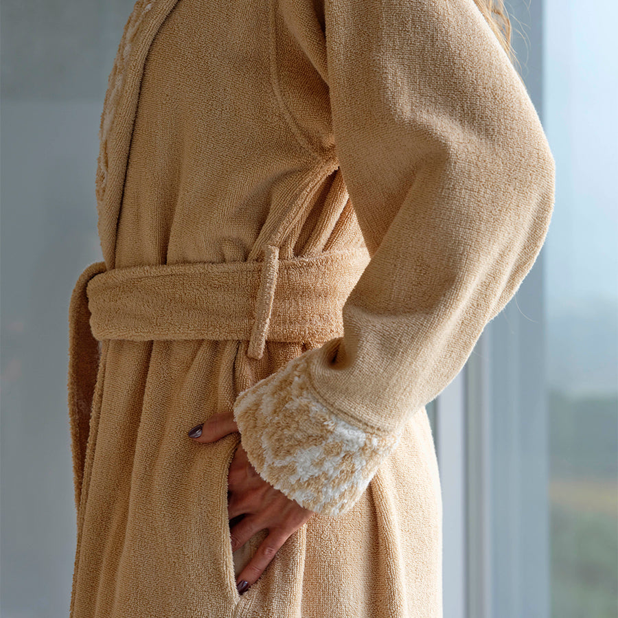Premium bathrobe for women in Egyptian Giza cotton in Beige/Gold (side view). Now available from the Tiamont online boutique for refined bathroom furniture.