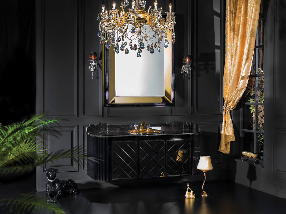 Notte vanity unit Black/Gold with black base cabinet, marble top and gold basin. Request advice now.