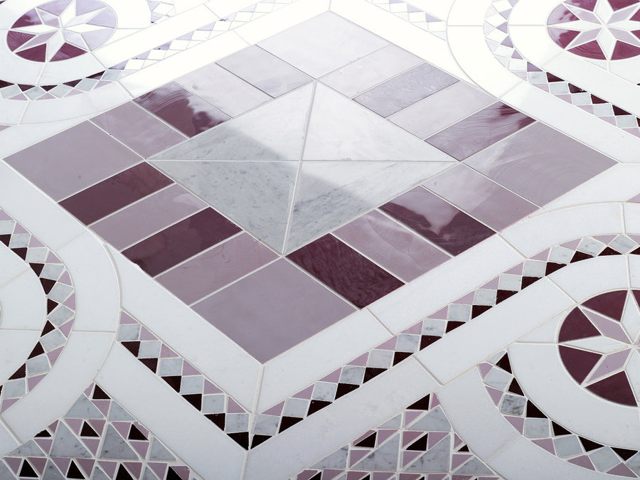 Cosmati Pink detail: white marble with pink to violet glass mosaic areas