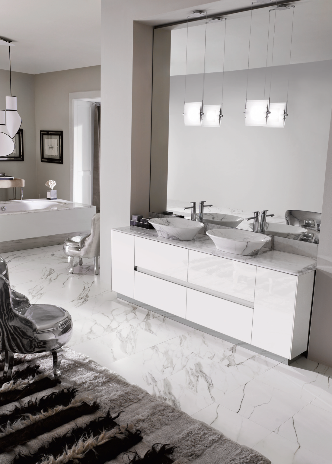 Four Seasons White with Calacatta Vagli marble and two sculptural basins