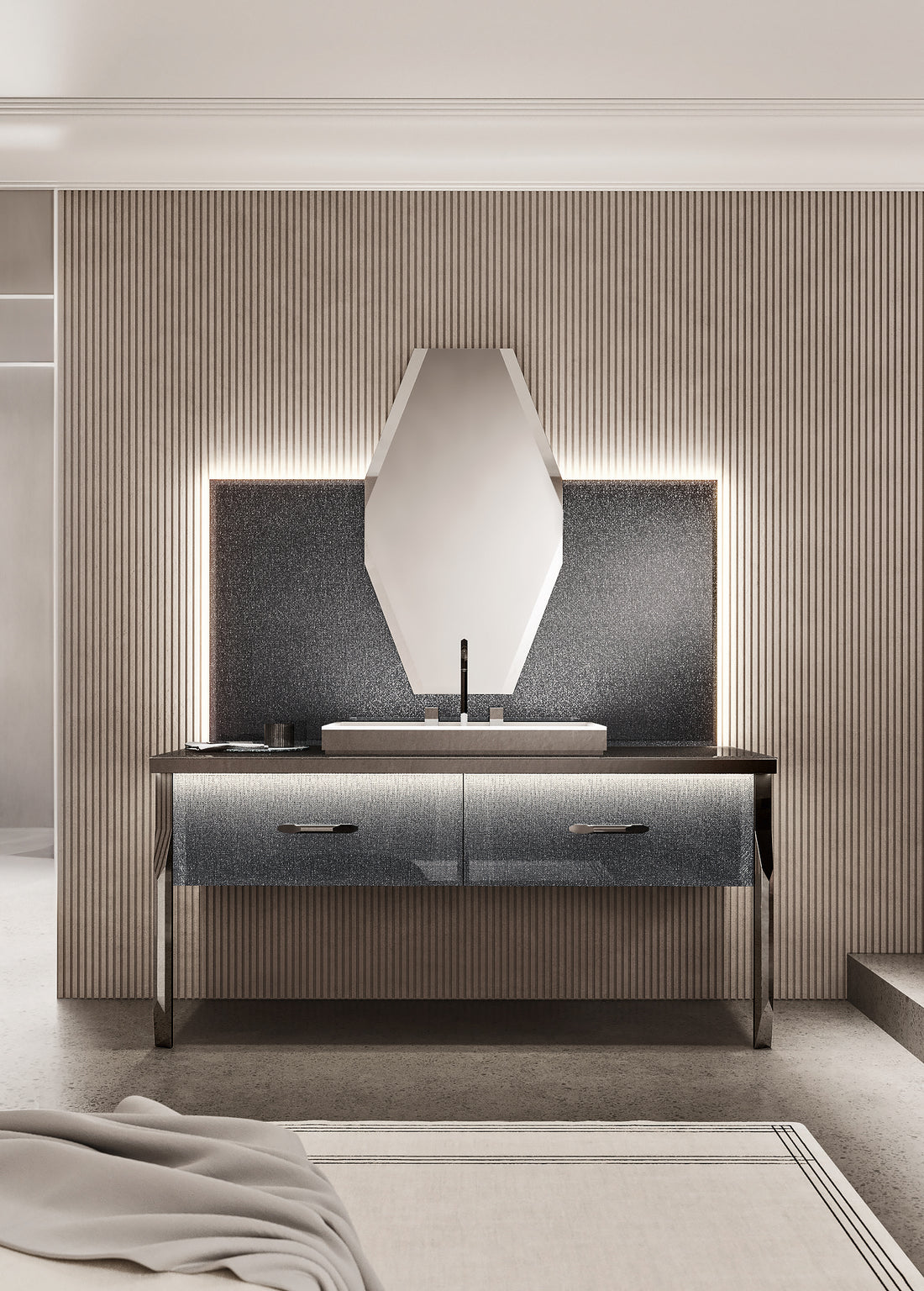 Hilton vanity with Twill Smoke glass and a geometric mirror