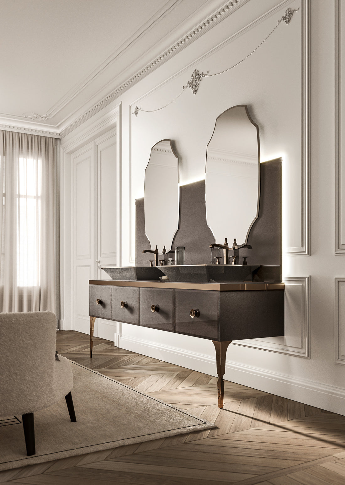 Majestic luxury vanity with bronze-coloured glass fronts and twin mirrors