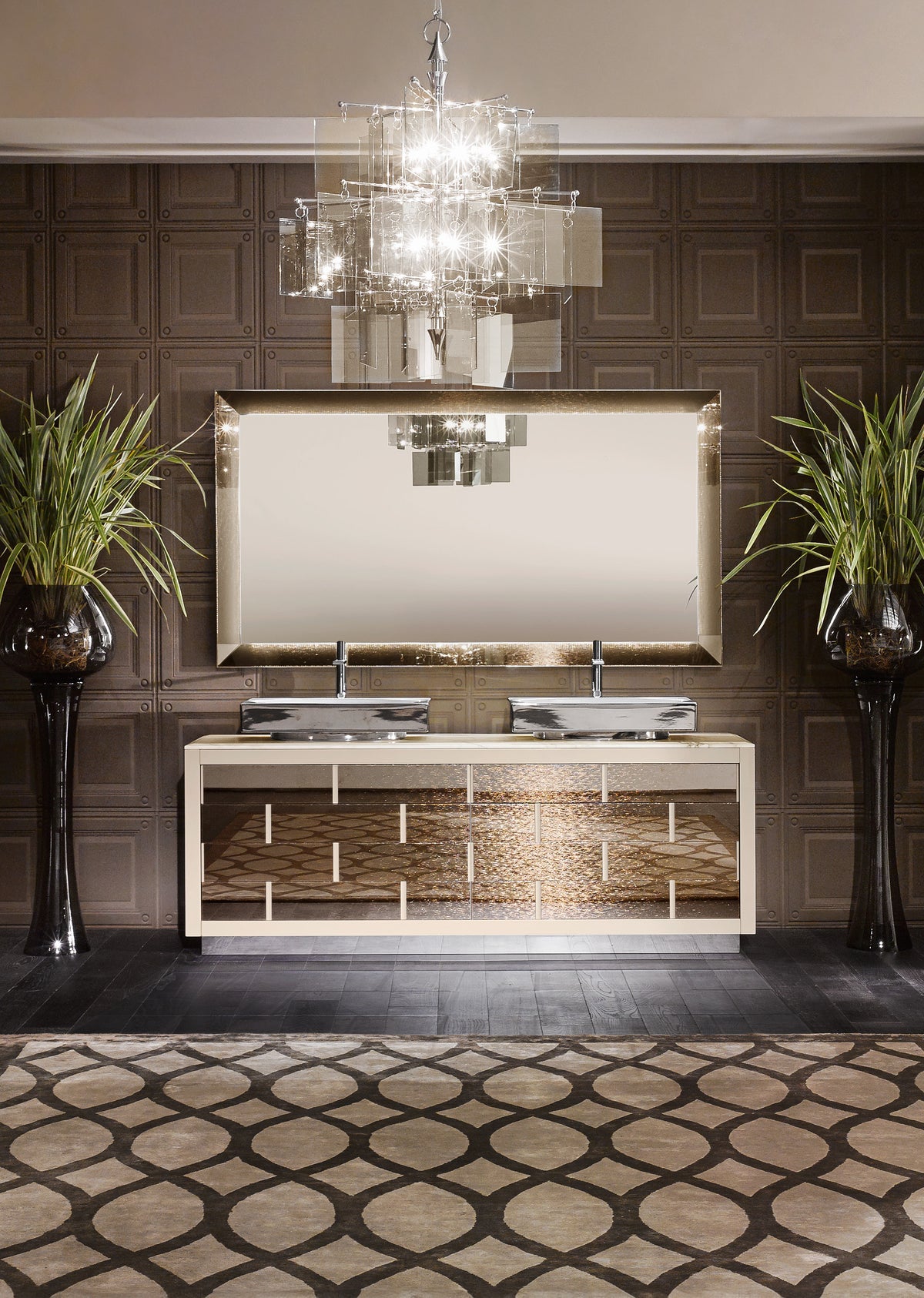 Milldue Ritz vanity with golden glass fronts, twin basins and a large mirror