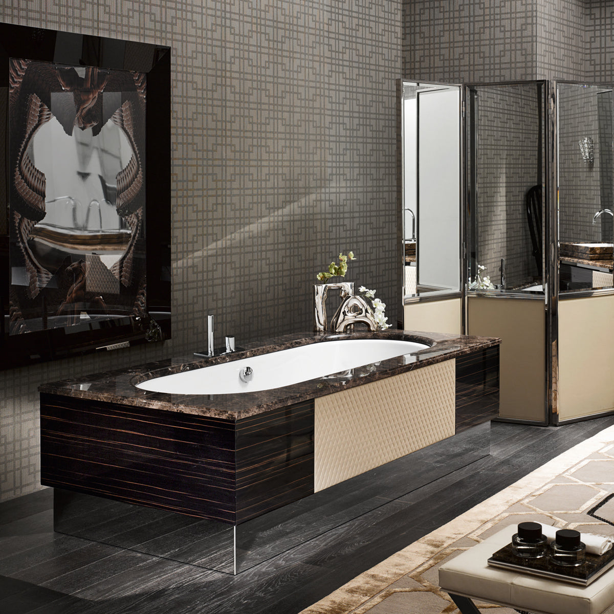 Luxurious bathroom furniture set by Tiamont with twin basins, an elegant marble top and a base cabinet in Brown. The set includes two mirrors and offers a modern bathroom design. High-quality, stylish bathroom furnishings, perfect for an elegant luxury bathroom. Extravagant Italian bathroom furniture as a set with an exclusive bath