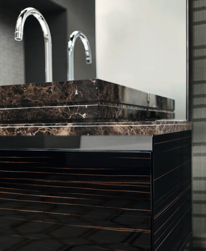 Close-up of Emperador marble, basin and ebony front on Four Seasons