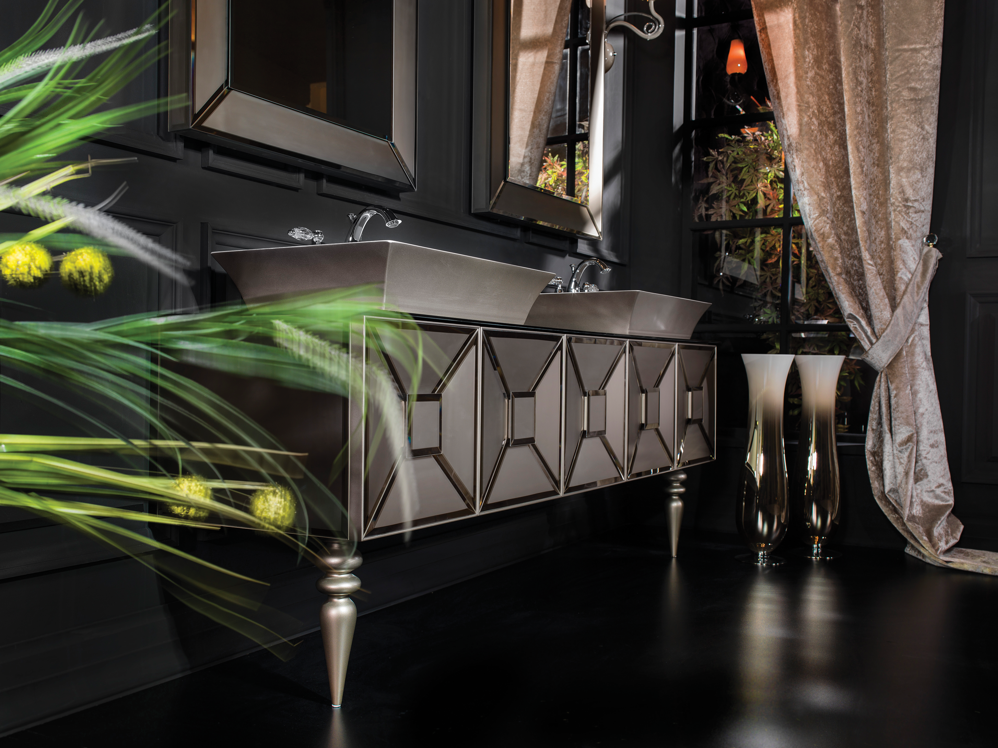 Fiaba - Grau, Badmöbel Set mit Waschtisch, Beischrank, Doppelwaschbecken und Spiegel