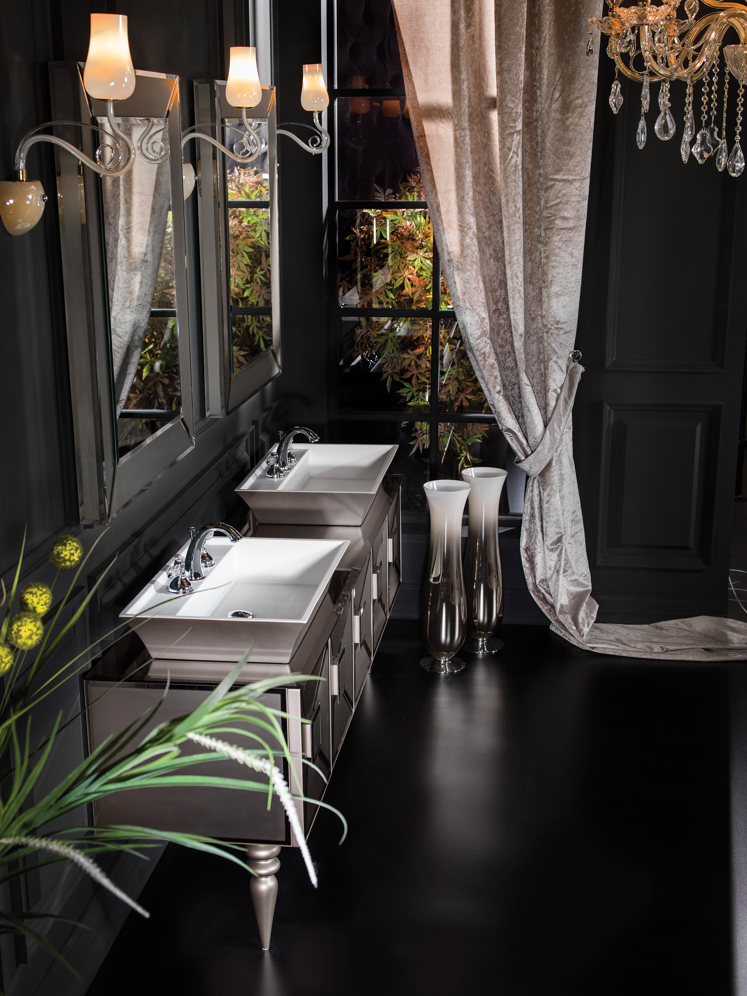 Fiaba - Grau, Badmöbel Set mit Waschtisch, Beischrank, Doppelwaschbecken und Spiegel