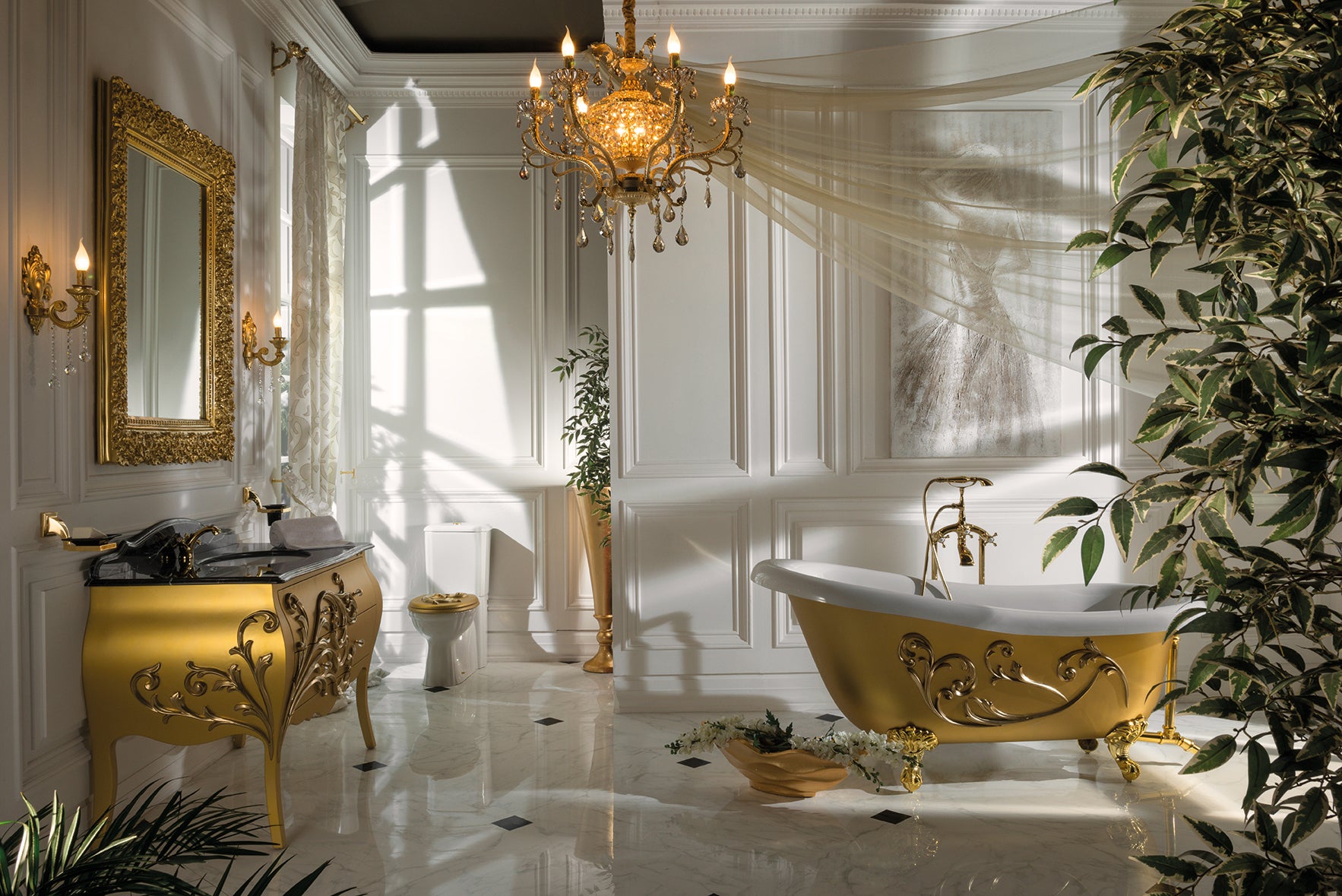 Das extravagante Badmöbelset Andante mit goldenem Waschtisch, schwarzer Marmorplatte und großem goldenem Spiegel ist jetzt exklusiv erhältlich bei Tiamont. Luxus Badezimmer finden Sie hier. Unser Special: Die goldene freistehende Badewanne. 
