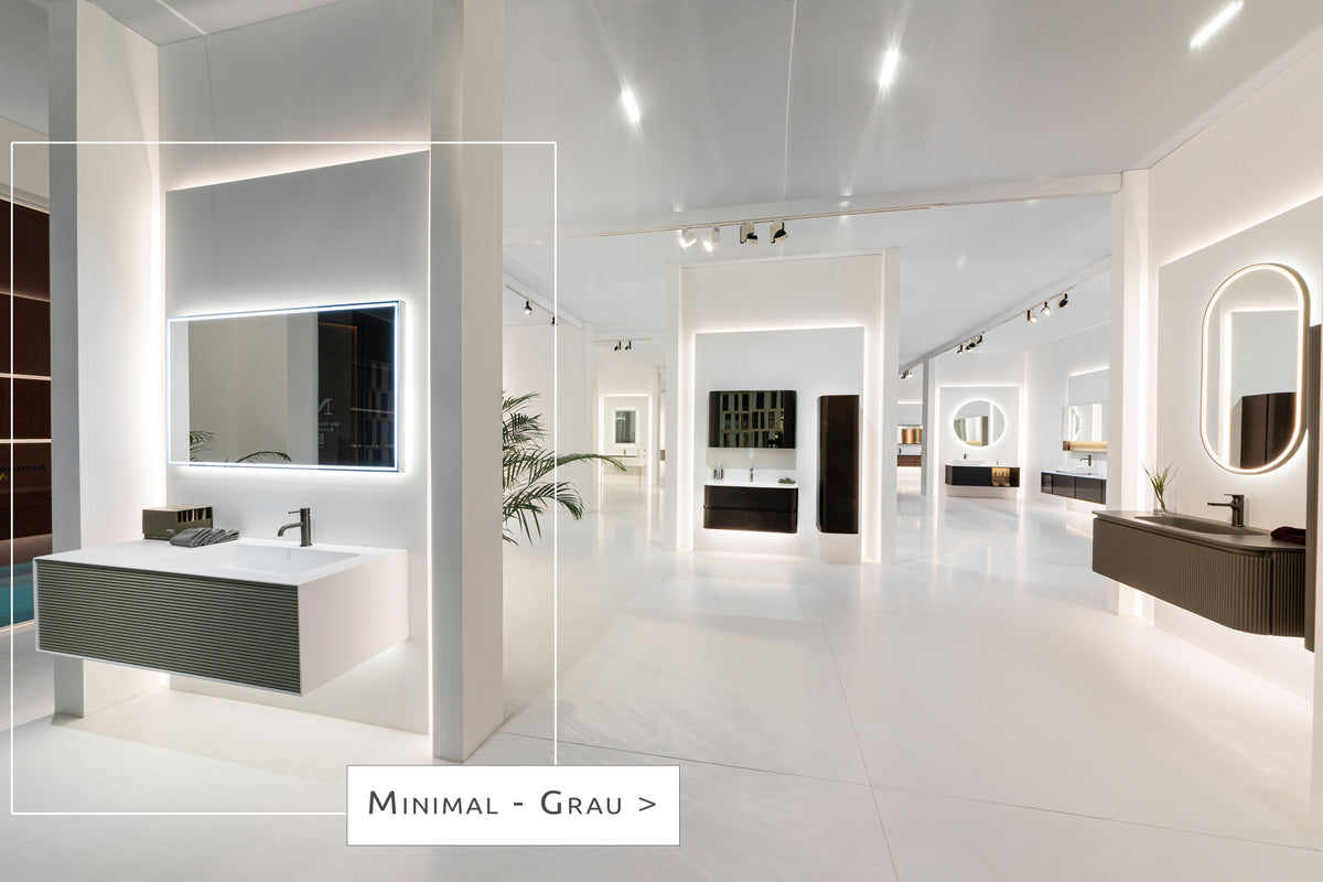 Moderne badeværelse i hvid og grå med det minimalistiske badsæt Minimal fra Armadi Art