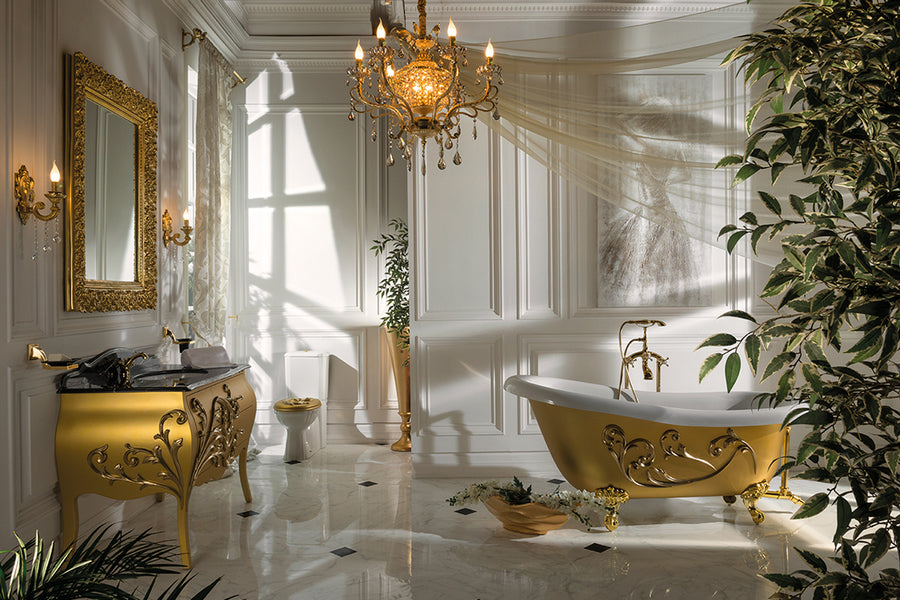 Andante Gold-Schwarz Badmöbelset mit schwarzer Marmorplatte und goldener Badewanne