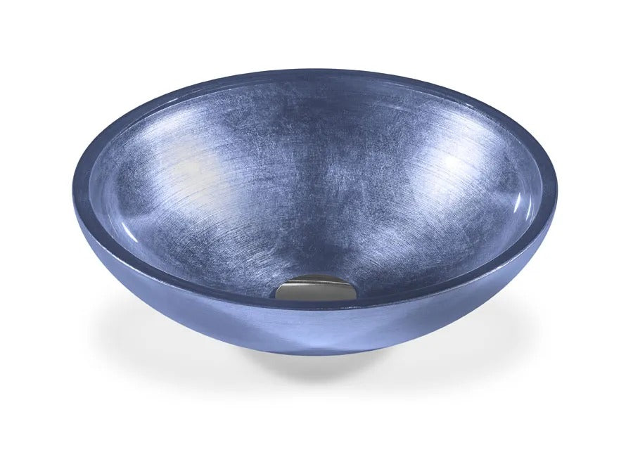 SICIS® Doh Glaswaschbecken Billam rund in Blau – Aufsatzwaschbecken Ø 40 cm aus bleifreiem Glas mit Rigato-Rillenstruktur