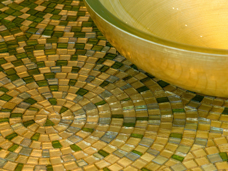 SICIS® Doh glass washbasin Golden Horizon (Gold) on its mosaic gradient of gold glass mosaics – exhibition piece at Tiamont