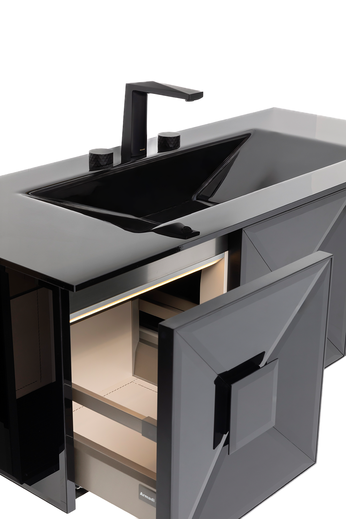 Der Design-Waschtisch mit Unterschrank in 120cm breite, mit elegantem Spiegel und Beischrank. Der perfekte Schwarze Waschbeckenunterschrank.Schwarzes hochglanz Badmöbel-Set, Waschbecken mit Unterschrank in Schwarz, Das Badmöbel Set in Schwarz, Design Waschtisch, Badmöbel-Design mit Design-Wasserhahn. Elegantes Schubladen-Design.Edle Badmöbel? Tiamont.