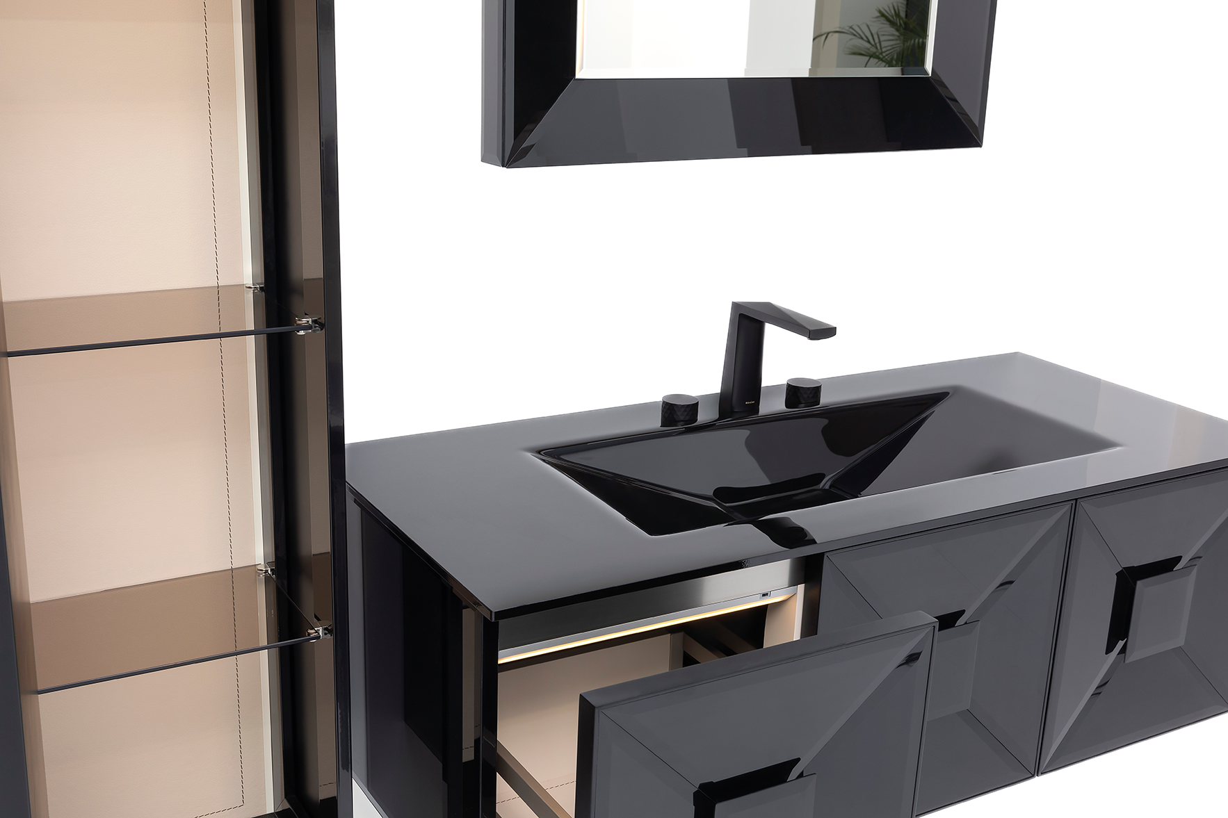 Der Design-Waschtisch mit Unterschrank in 120cm breite, mit elegantem Spiegel und Beischrank. Der perfekte Schwarze Waschbeckenunterschrank.Schwarzes hochglanz Badmöbel-Set, Design Waschbecken mit Unterschrank in Schwarz, Das Badmöbel Set in Schwarz, Design Waschtisch, Badmöbel-Design mit Design-Wasserhahn. Badezimmer Luxus. Edle Badmöbel? Tiamont.
