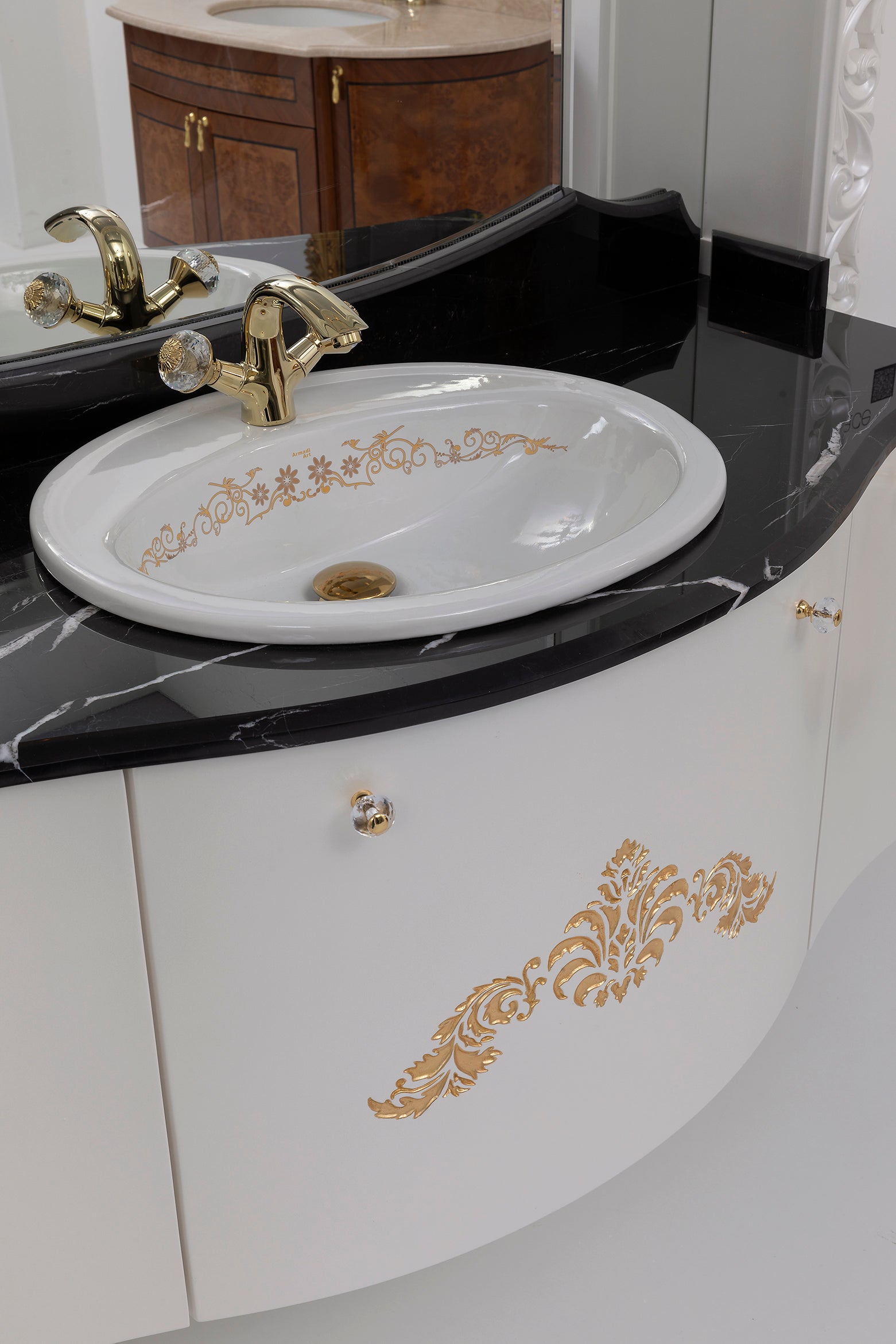 Golden Palace - Weiß/Schwarz, Waschtisch mit Waschbecken und Spiegel
