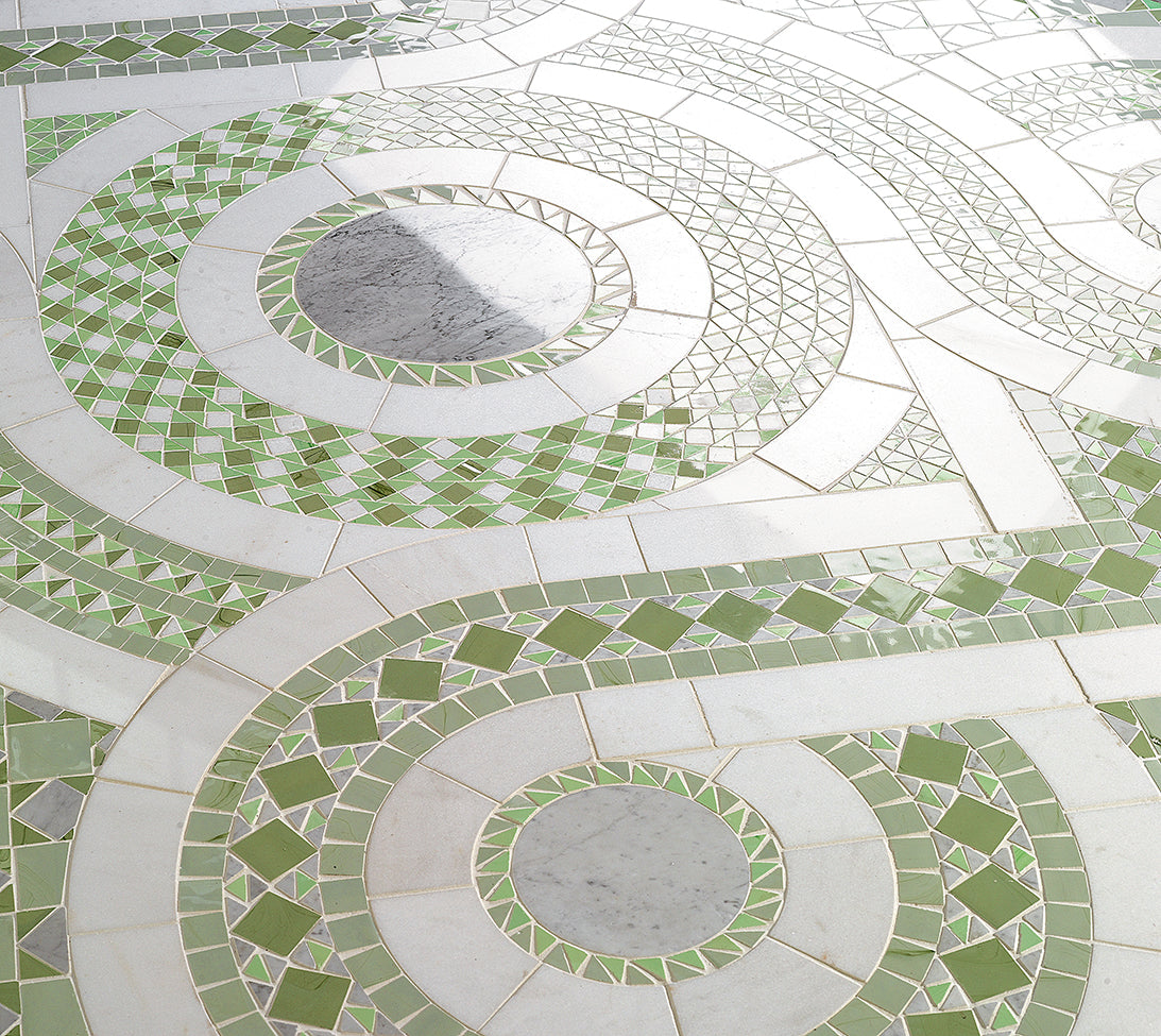 Close-up of Cosmati Green with pale marble bands and green glass tesserae