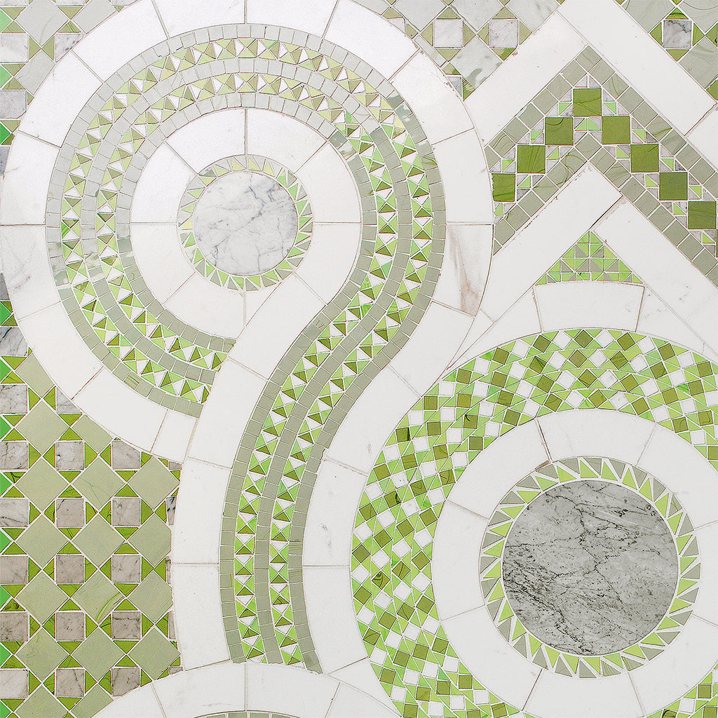 SICIS® Cosmati Green: green glass tesserae between white marble bands and circular ornaments