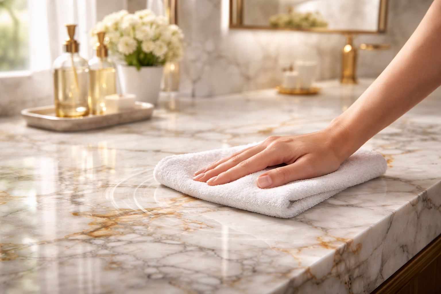 Marmor Reinigungs und Pflege Guide von Tiamont, Marmorflecken entfernen, Imprägnieren, regelmäßige Pflege, Wasserflecken, Kalkflecken, Rostflecken, Fettflecken, verbotene Materialien, Tipps für Badmarmor, schnell erklärt.