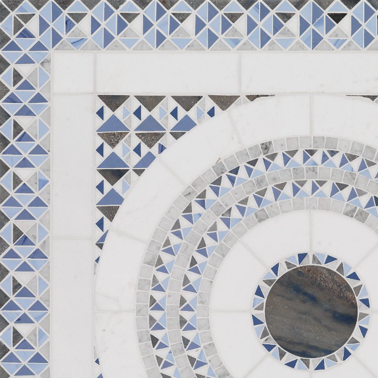 SICIS® Cosmati Blue: pale marble bands with blue triangles, circular motifs and dark stone inlays