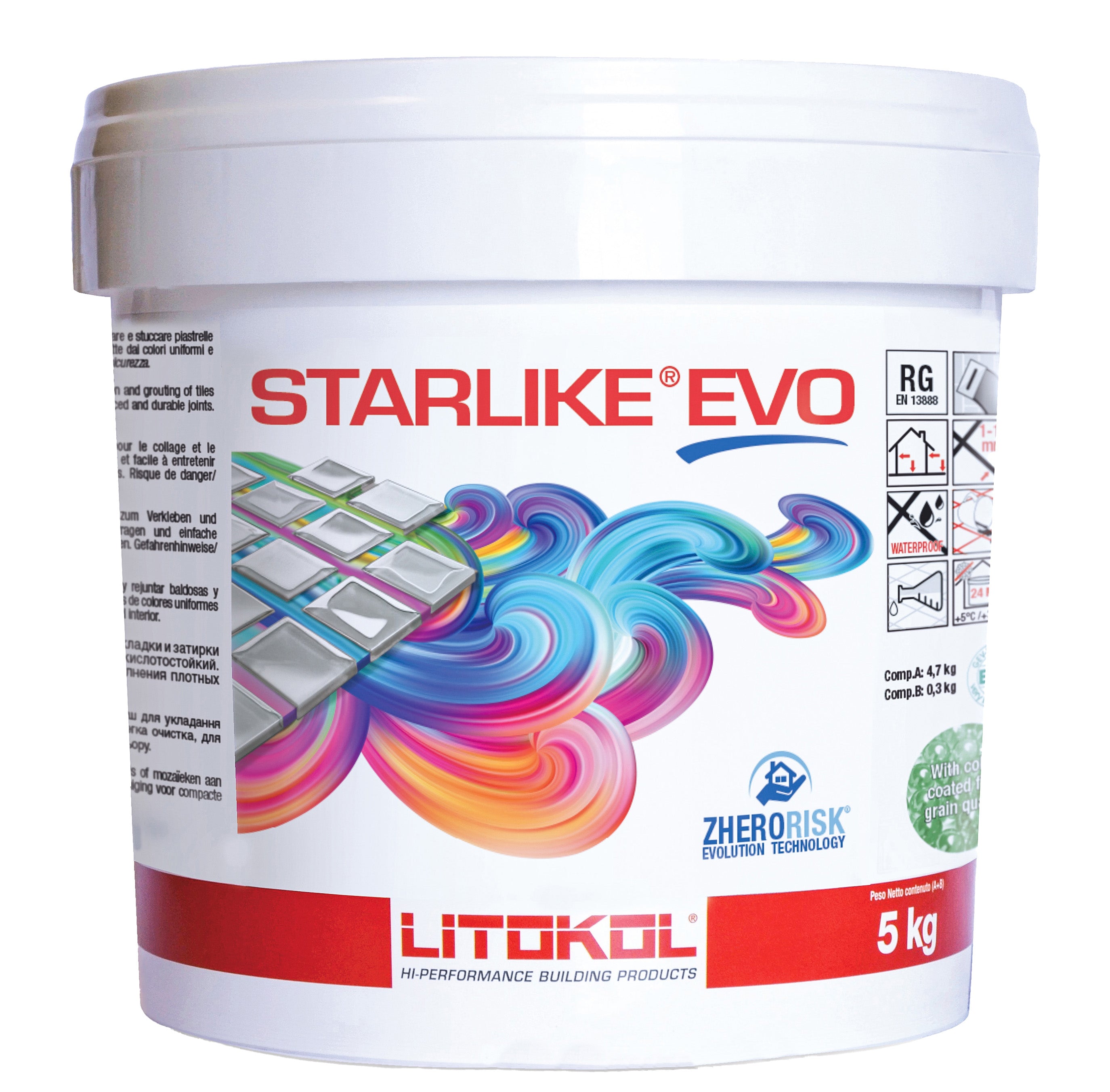 Starlike Evo 102 Bianco Ghiaccio Epoxidharz Fugenmörtel von Litokol Starlike für Fliesen und Mosaik. Hochwertige wasserdichte 2K Epoxidharz Fugenmasse für Innen- und Außenbereiche, wasserundurchlässig. Flexibler und farbiger Fugenmörtel für Marmor- und Glasmosaikfliesen, 5 kg Eimer bei Tiamont online bestellen in Deutschland