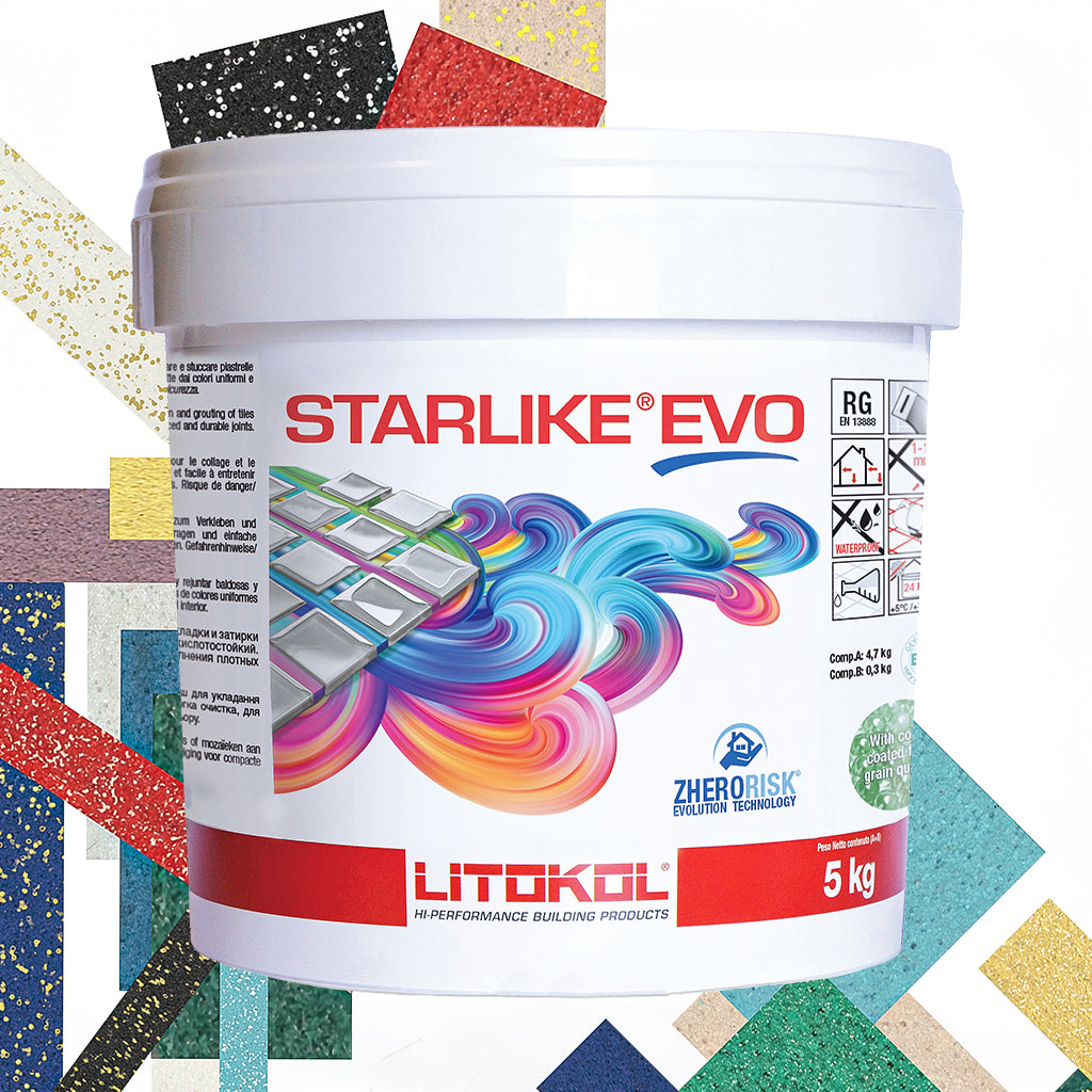 Litokol Starlike Evo 2k Expoxid-Harz-Fugenmörtel im Tiamont Shop Bestellen. 35 verschiedene Farben weltweit verfügbar. Geeignet für Schwimmbad, Dusche, Außen, Innen, Bodenheizung, Marmor und Mosaike. Unser Klassiker: 102 Bianco Ghiaccio - Jetzt direkt kaufen. 