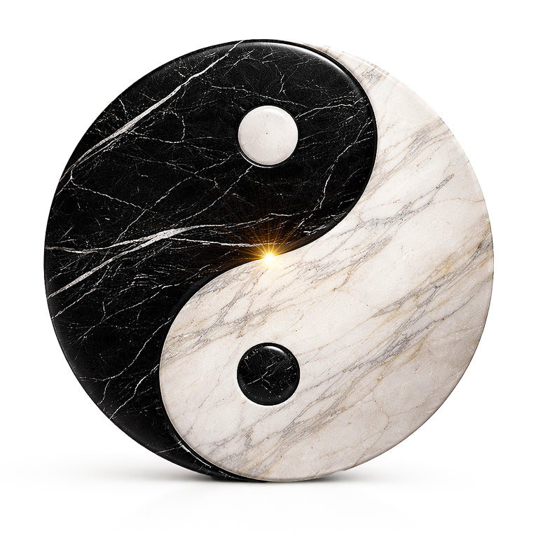 Tiamont Online Boutique für edles Baddesign mit Premium Handtüchern aus ägyptischer Baumwolle, Yin und Yang Kollektion in Schwarz und Weiß, veredelt mit goldener Tiamont Signatur.