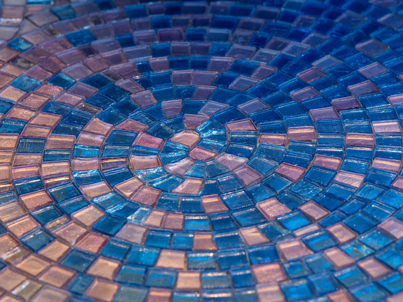 Mosaic gradient Azure Bay of blue glass mosaics by SICIS® in violet, midnight blue, dove blue and turquoise – hand-laid, at Tiamont