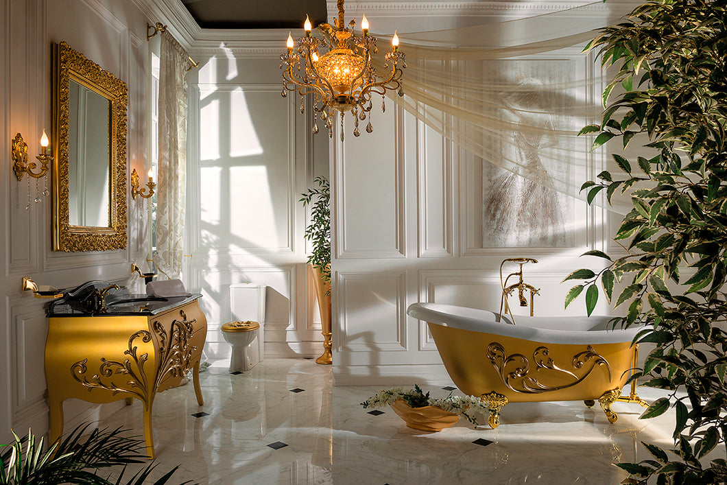 Willkommen bei Tiamont, dem Online Shop für edle und extravagante Badmöbel | Hier das Andante Luxus-Badmöbelset mit schwarzer Marmorplatte und vergoldetem Spiegel. In unseren Kollektionen finden Sie Designer-Glaswaschbecken, exklusive Marmorfliesen, feinste Handtücher aus Portugal und persönlich sind wir gerne für Sie da.