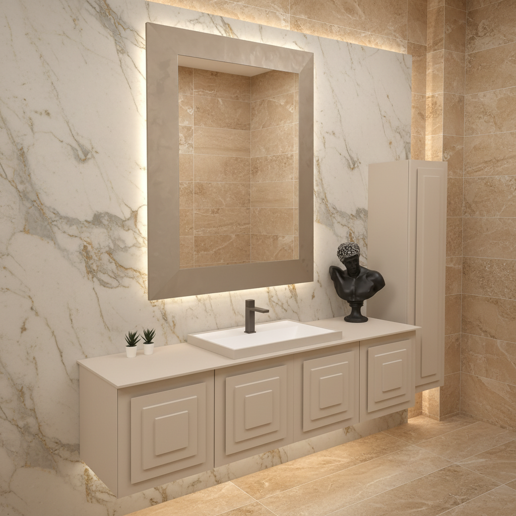 Nero Beige Badmöbelset – vollständig verfliest in Kashmir & Sandtönen