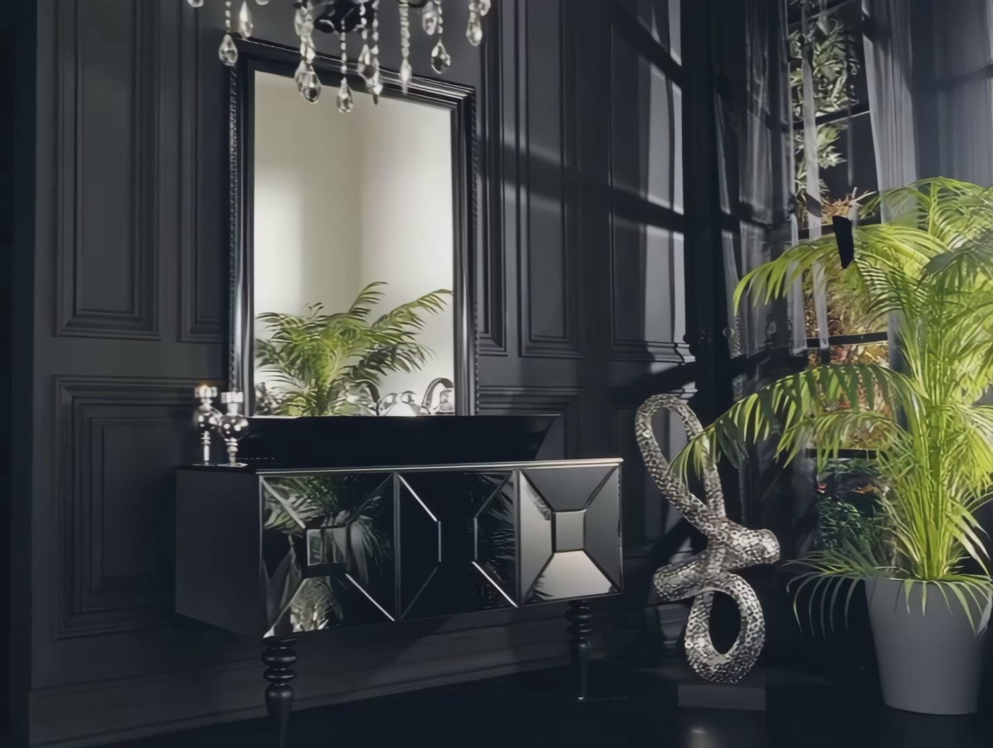 Exklusiver Waschtisch in Schwarz mit Unterschrank in 120 cm Breite und elegantem Spiegel, erhältlich in der Tiamont Boutique.