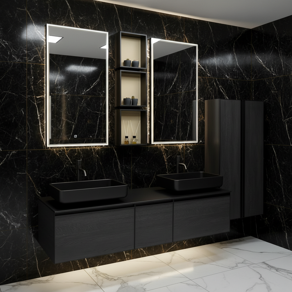Quatro Schwarz Badmöbelset mit Doppelwaschbecken – Schwarzer Marmor & weißer Statuario Marmor, erhältlich in der Tiamont Online Boutique
