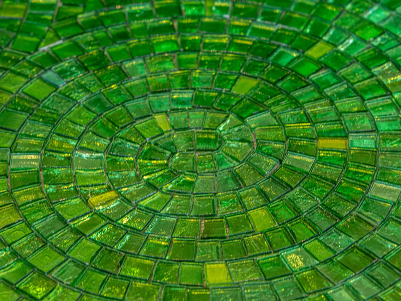Mosaic gradient Pharaoh's Emerald Crown of emerald green glass mosaics by SICIS® in jade, moss, emerald and lime green – hand-laid, at Tiamont