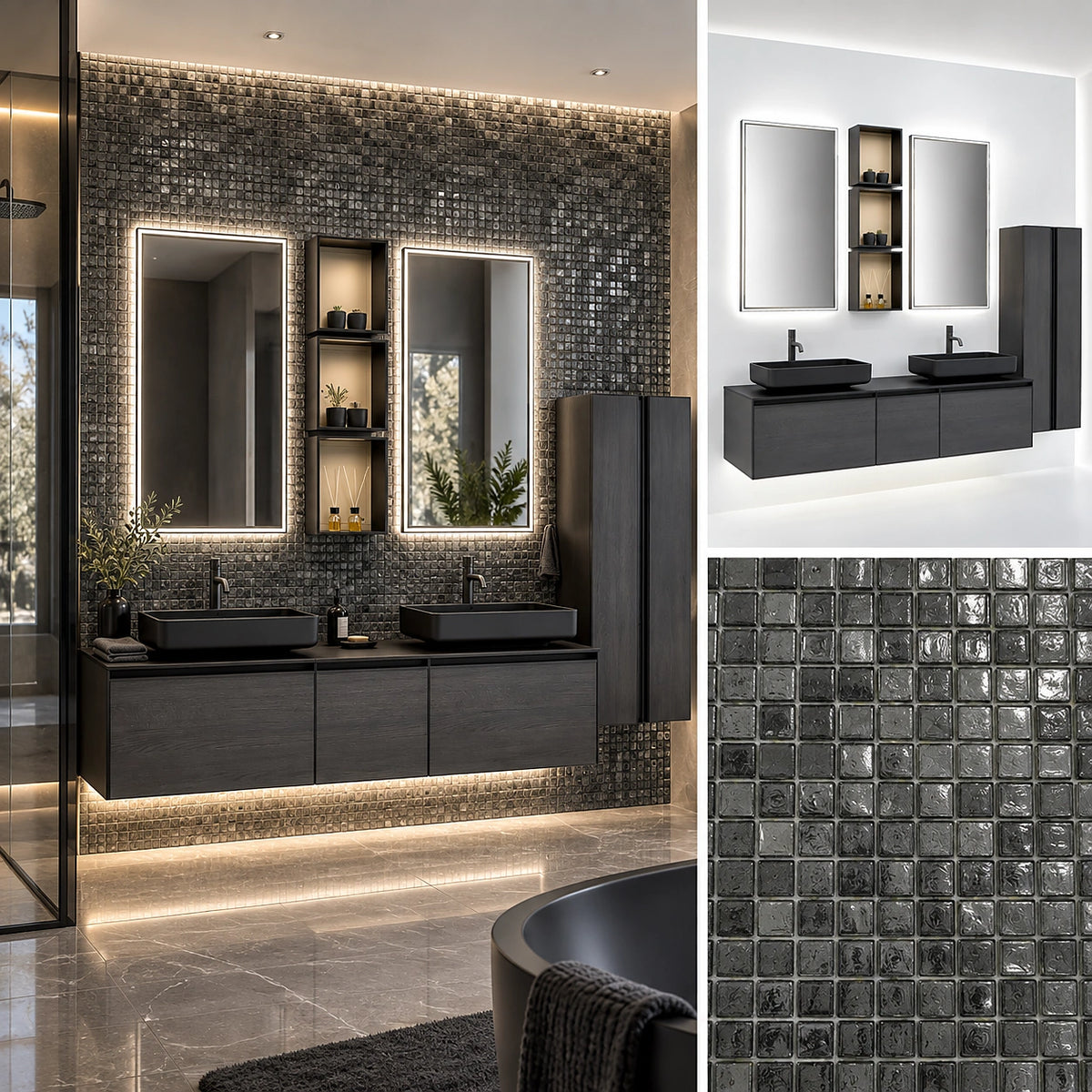 Beispiel einer Visualisierung: Bad mit dunklem Glasmosaik, dazu Badmöbel und Mosaik im Detail